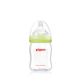a 160mL pigeon wide neck glass bottle with teat and cap on