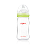 a 240mL pigeon wide neck glass bottle with teat and cap on