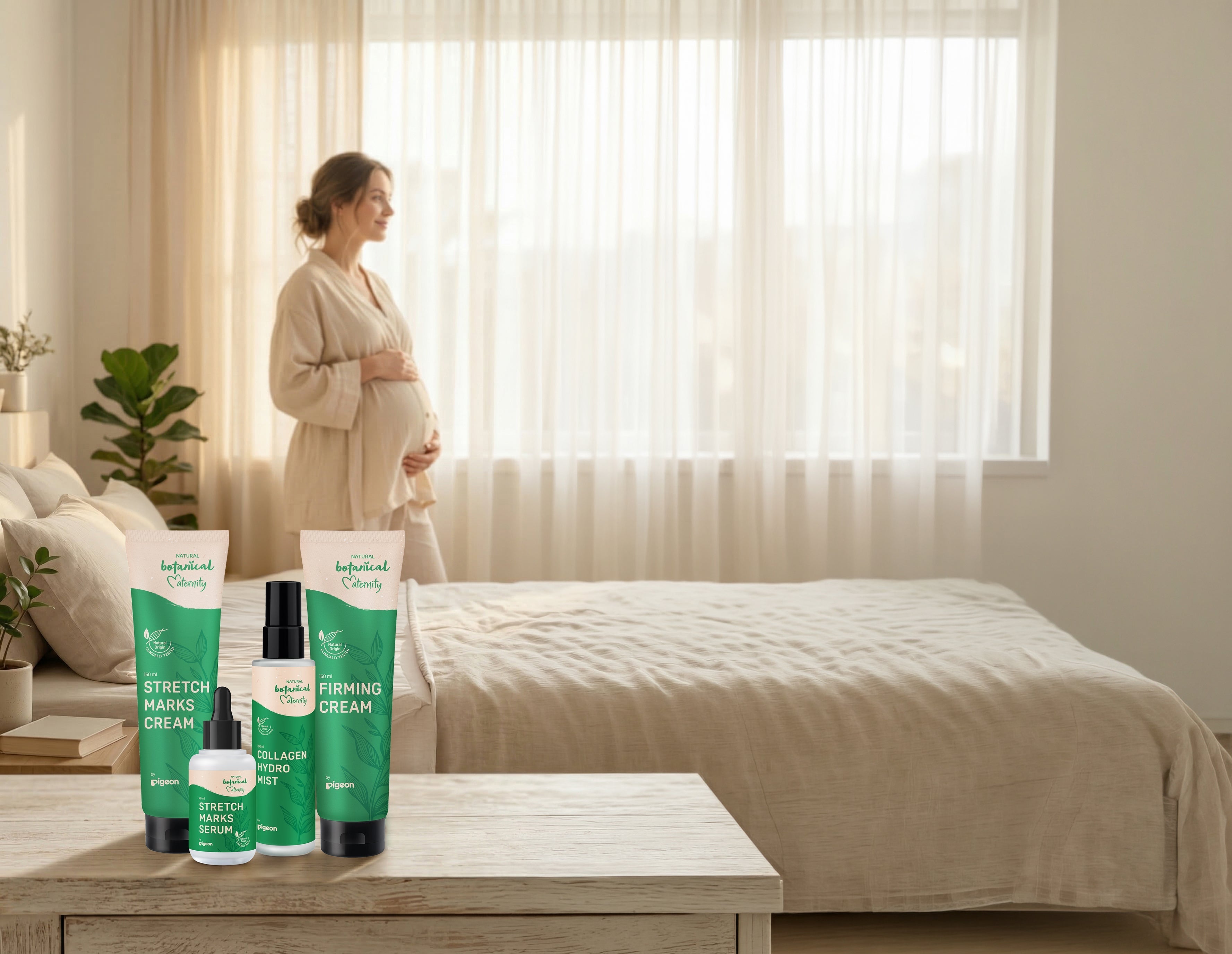 woman standing by window with natural botanicals maternity skincare range