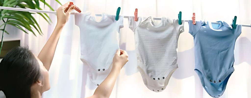 women hanging baby clothes