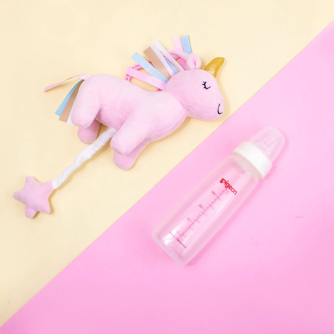 thin neck baby bottle with unicorn baby toy