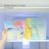 Holiday themed Breastmilk Storage Bags stored in fridge or freezer