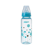 a 240mL pigeon slim neck PP bottle with teat and cap on and a blue ballon print