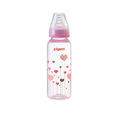 a 240mL pigeon slim neck PP bottle with teat and cap on and a pink heart print