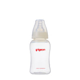 a 150mL pigeon slim neck crystal PP bottle with teat and cap on