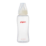 a 250mL pigeon slim neck crystal PP bottle with teat and cap on