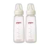 a set of two 240mL pigeon slim neck PP bottles with teat and cap on