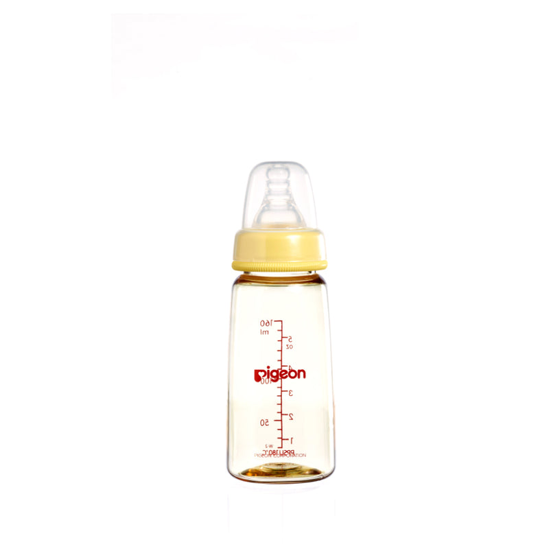 a 160mL pigeon slim neck PPSU bottle with teat and cap on