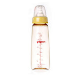 a 240mL pigeon slim neck PPSU bottle with teat and cap on