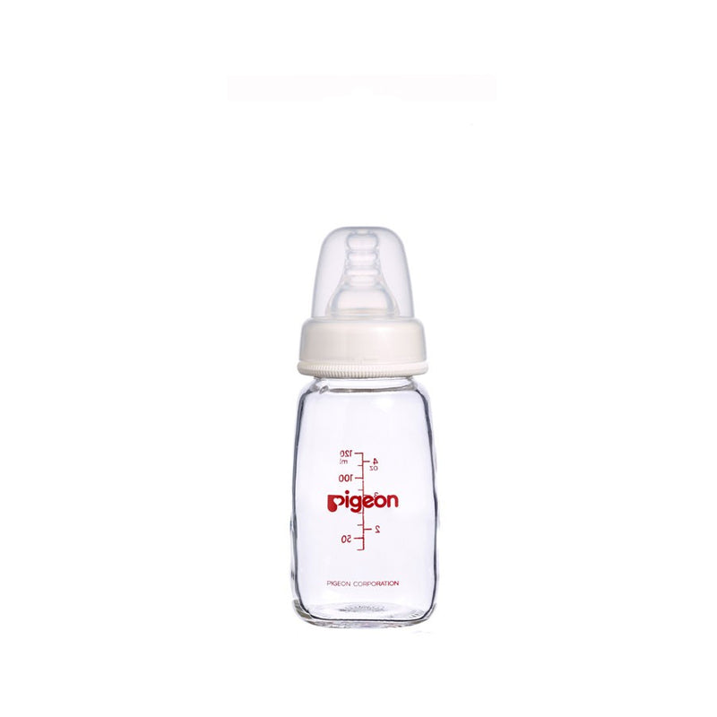 a 120mL pigeon slim neck glass bottle with teat and cap on