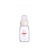 a 120mL pigeon slim neck glass bottle with teat and cap on