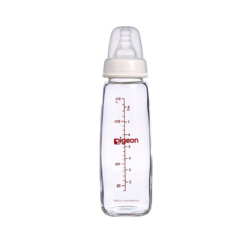 a 240mL pigeon slim neck glass bottle with teat and cap on