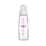 a 240mL pigeon slim neck glass bottle with teat and cap on