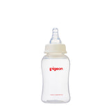 a 150mL pigeon slim neck crystal PP bottle with teat on