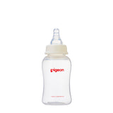 a 150mL pigeon slim neck crystal PP bottle with teat on