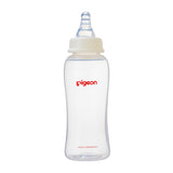a 250mL pigeon slim neck crystal PP bottle with teat on