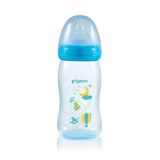 a 240mL pigeon wide neck PP bottle with a cute blue pattern and teat and cap on