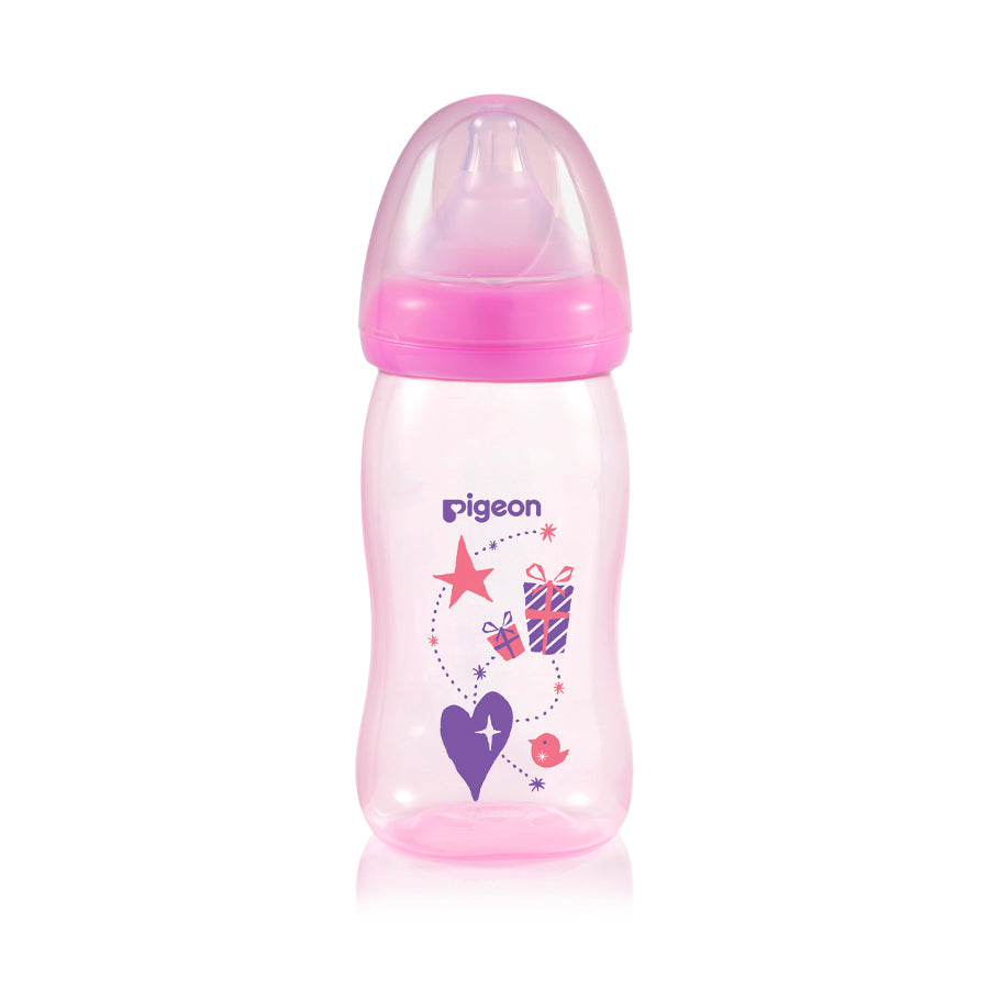 a 240mL pigeon wide neck PP bottle with a cute pink pattern and teat and cap on