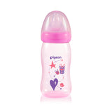 a 240mL pigeon wide neck PP bottle with a cute pink pattern and teat and cap on