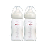 two 240mL pigeon wide neck PP bottles with teat and cap on