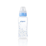 a 250mL pigeon slim neck PP bottle with teat and cap on and a blue star print