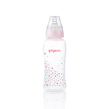 a 250mL pigeon slim neck PP bottle with teat and cap on and a pink star print