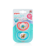 Pigeon MiniLight pacifier twin pack size L, colour pink and aqua, in its packaging